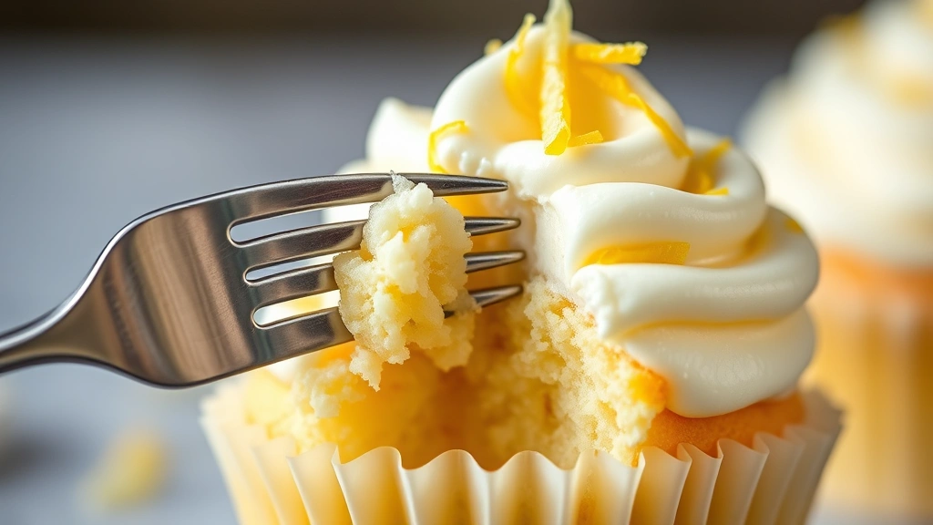 detail: close-up single frosted lemon cupcake with fork taking bite, creamy frosting texture visible, lemon zest garnish, photorealistic, natural light, no text