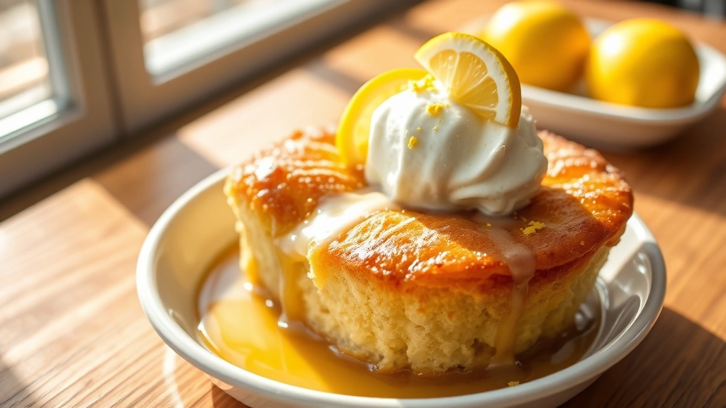 hero: golden-brown lemon dump cake in white ceramic baking dish, warm with syrupy sauce pooling underneath, vanilla ice cream melting on top, fresh lemon slices and zest sprinkled over, morning sunlight streaming across wooden table, shallow depth of field, inviting and warm