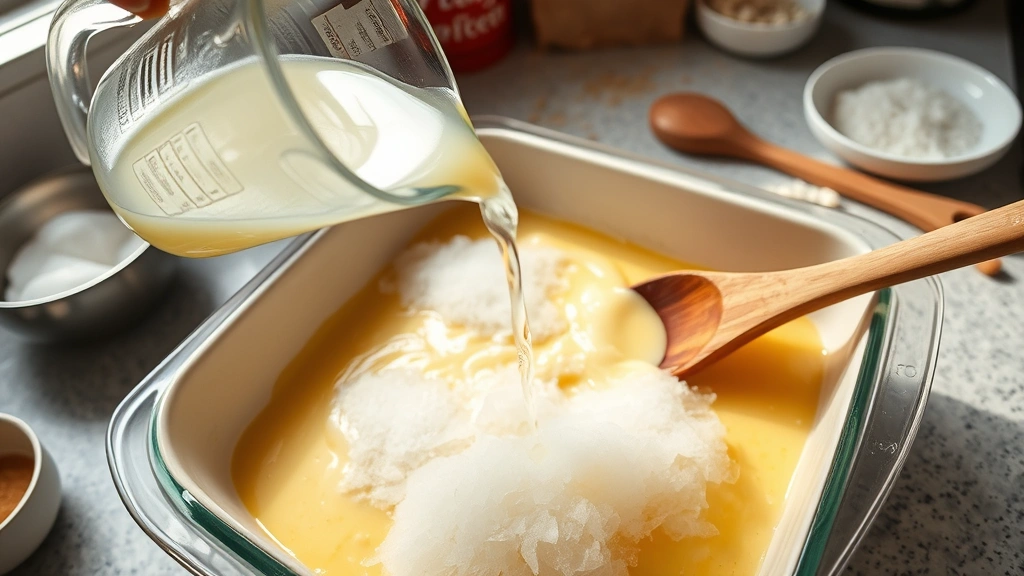 process: pouring boiling water over lemon batter in baking dish, steam rising, golden batter visible beneath, wooden spoon resting nearby, ingredients scattered around, kitchen counter setting, natural daylight, action shot capturing the moment
