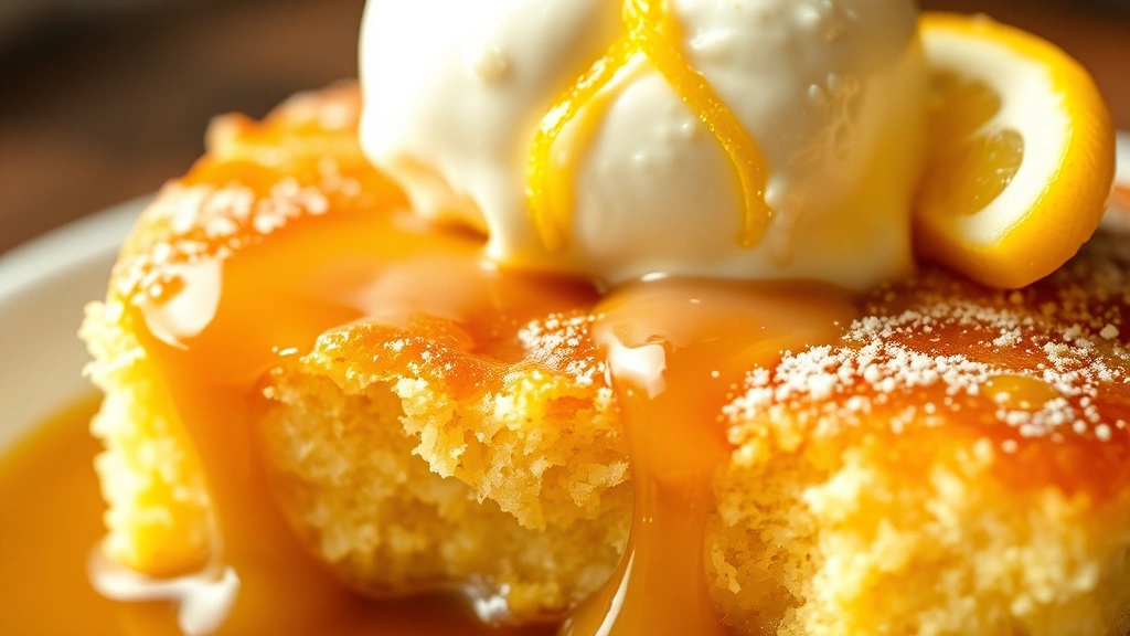 detail: close-up of finished lemon dump cake showing tender crumb structure, glossy syrup sauce, melted vanilla ice cream drip, fresh lemon zest garnish, shallow focus on texture, warm natural light highlighting the golden-brown color and moisture