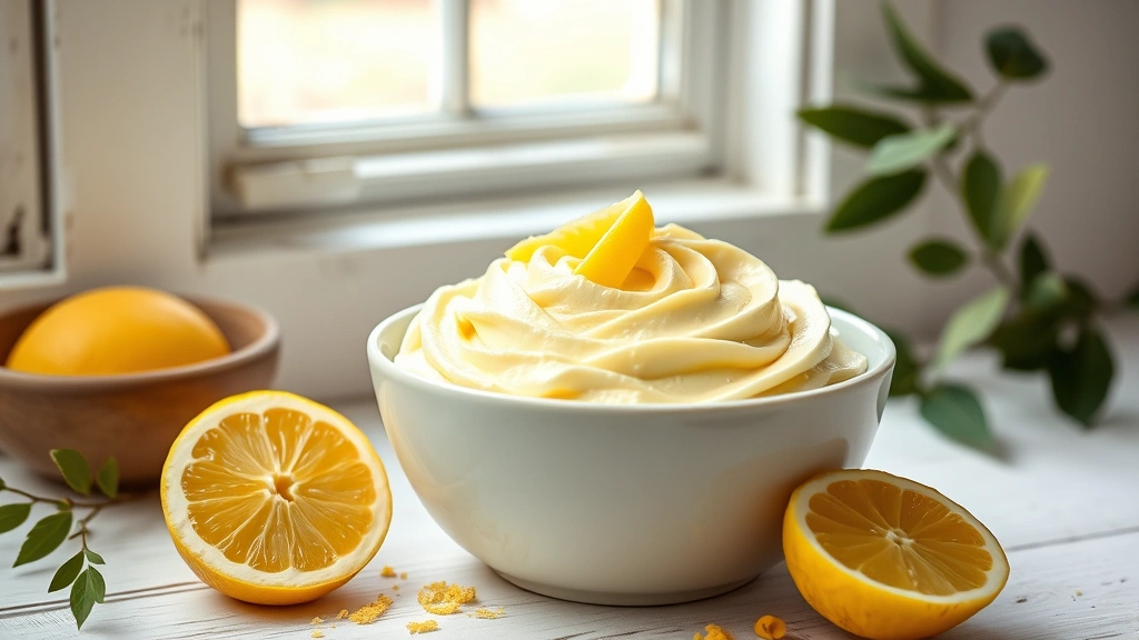 hero: bowl of creamy pale yellow lemon frosting with fresh lemon slices and zest nearby, smooth texture visible, natural window light, rustic white background, no text