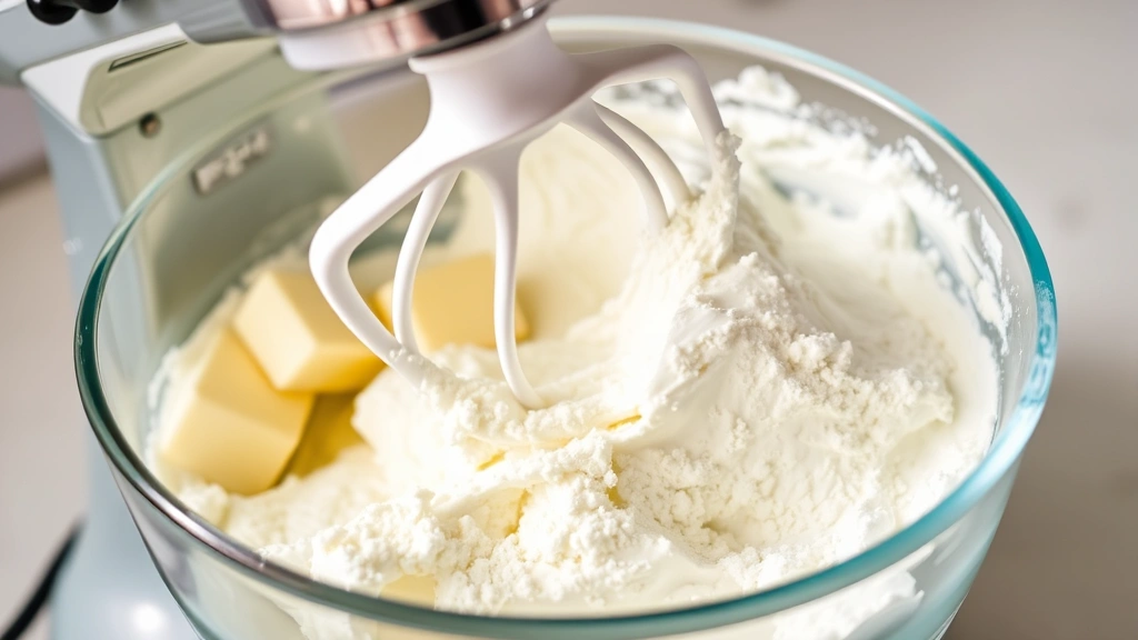 process: electric mixer beating fluffy butter, powdered sugar visible nearby, mid-mixing stage showing creamy texture formation, bright kitchen lighting, no text