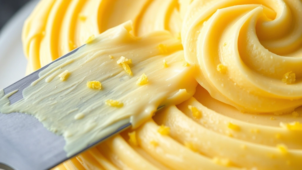 detail: close-up of frosting texture with fresh lemon zest mixed in, offset spatula spreading frosting on cake, golden-yellow color, macro photography style, no text