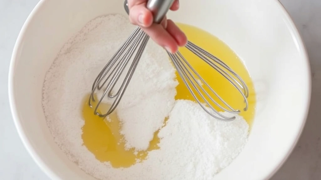 process: hand whisking powdered sugar and lemon juice together in a white bowl, photorealistic, natural light, no text