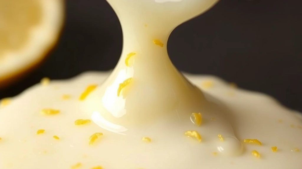 detail: close-up of silky smooth lemon glaze with lemon zest specks, photorealistic, natural light, no text