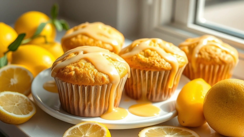 hero: golden lemon muffins with lemon glaze dripping down the sides, arranged on a white plate, fresh lemons and lemon slices scattered around, natural window light, soft shadows, appetizing and bright