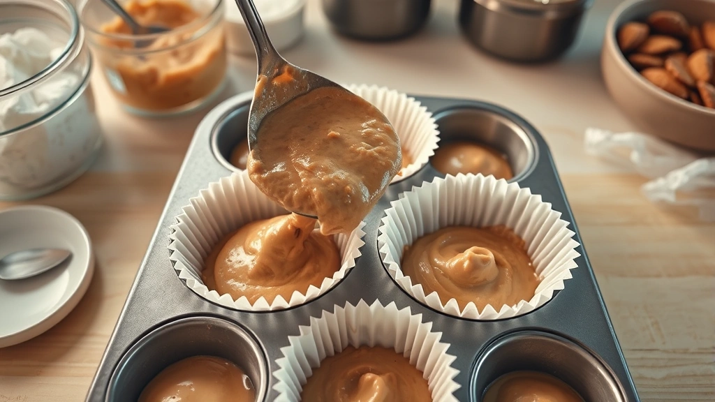 process: overhead shot of muffin batter being spooned into muffin tin lined with paper liners, warm kitchen lighting, baking ingredients visible in background, in-progress baking scene