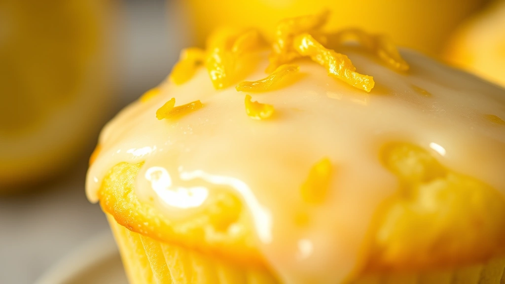 detail: close-up macro shot of a single lemon muffin with glossy lemon glaze and lemon zest on top, shallow depth of field, creamy texture visible, natural daylight, mouth-watering detail