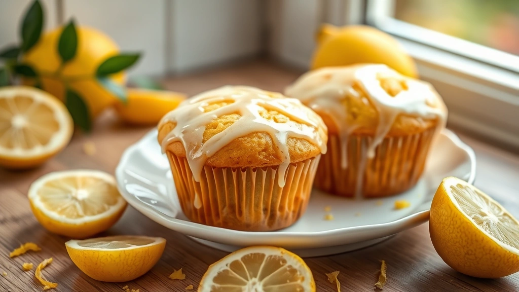 hero: golden-brown lemon muffins with glossy lemon glaze on top, displayed on a white ceramic plate, fresh lemon slices and zest scattered around, soft natural window light, airy bright aesthetic