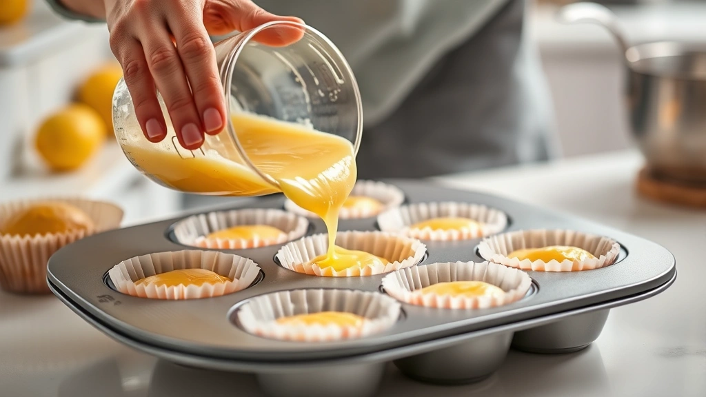 process: hands pouring lemon muffin batter into paper-lined muffin tin, golden batter visible, warm kitchen lighting, clean white surfaces
