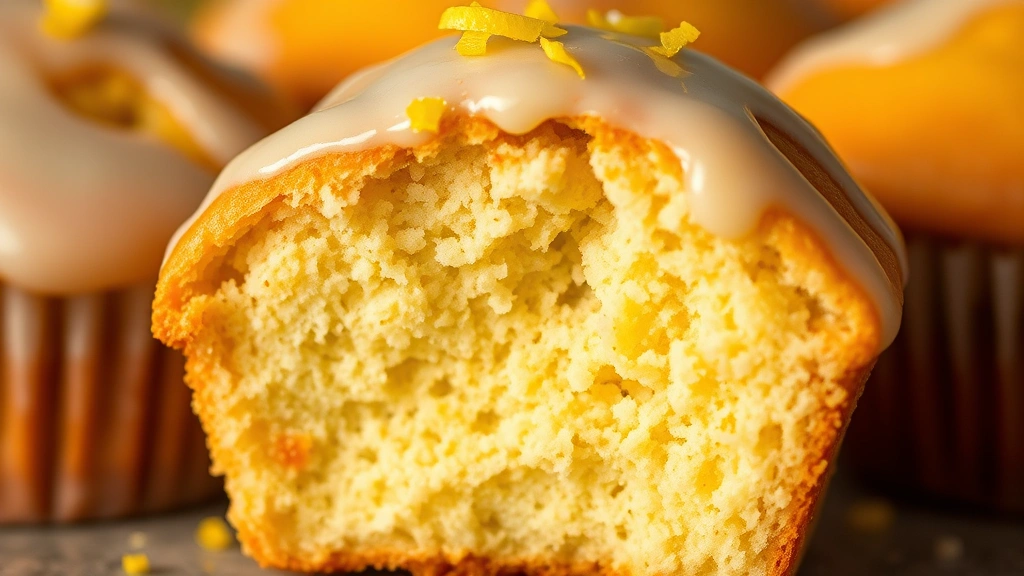 detail: close-up cross-section of a lemon muffin showing tender crumb structure and moist interior, drizzle of lemon glaze on top, fresh lemon zest garnish, shallow depth of field