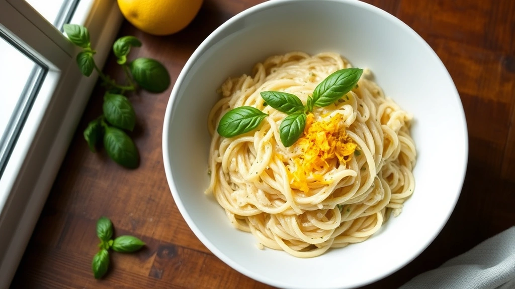 hero: creamy lemon orzo pasta in a white bowl garnished with fresh basil and lemon zest, photographed from above with natural window light, wooden table background, no text or watermarks