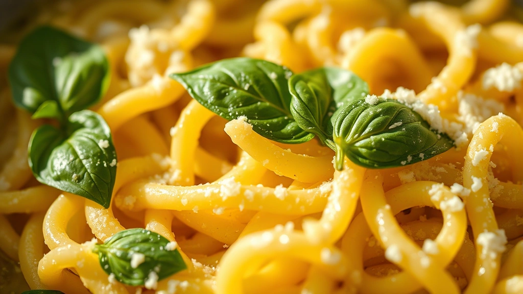 detail: macro shot of individual orzo pasta pieces coated in glossy lemon sauce with fresh basil leaves and grated Parmesan, shallow depth of field, warm natural sunlight, artistic composition