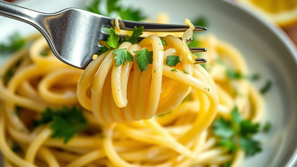 detail: close-up of fork twirling fresh lemon pasta, creamy sauce clinging to noodles, fresh parsley garnish and lemon zest on top, shallow depth of field, bright natural lighting, no text