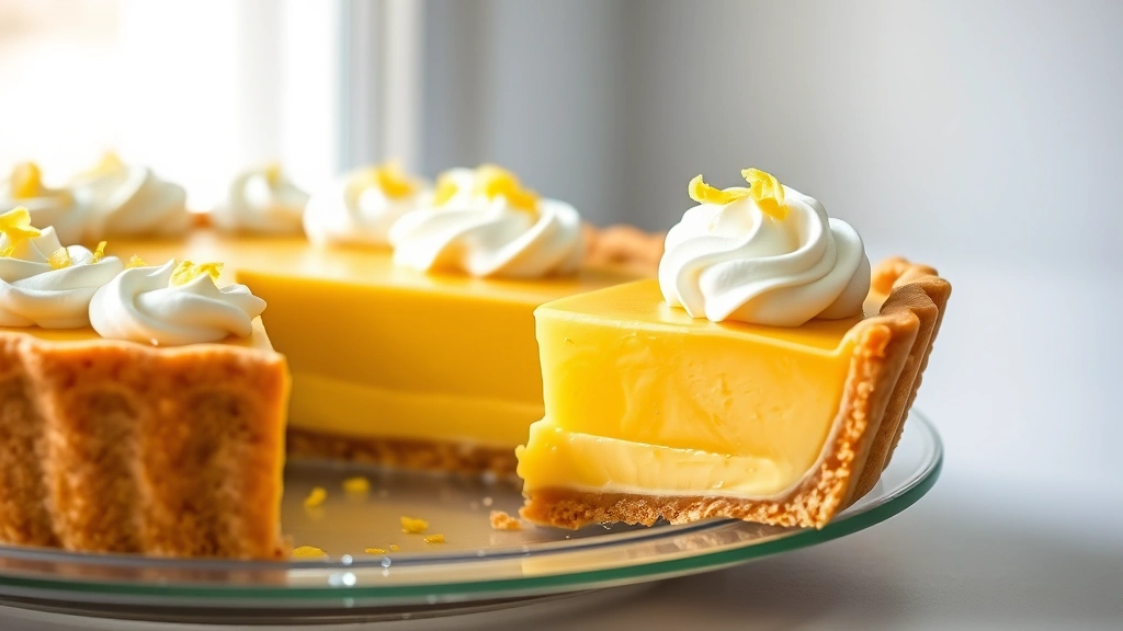 hero: golden lemon pie with glossy filling, slice showing creamy interior, whipped cream topping, fresh lemon zest garnish, natural window light, bright and fresh aesthetic