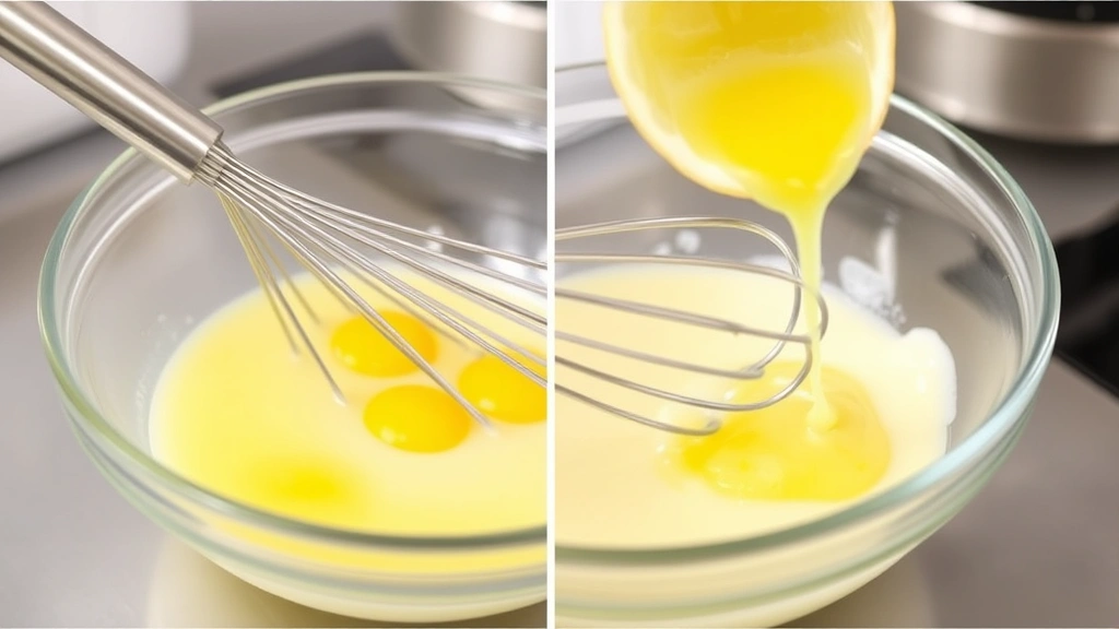 process: whisking condensed milk and egg yolks together in glass bowl, bright yellow lemon juice being added, silky texture forming, professional kitchen setting