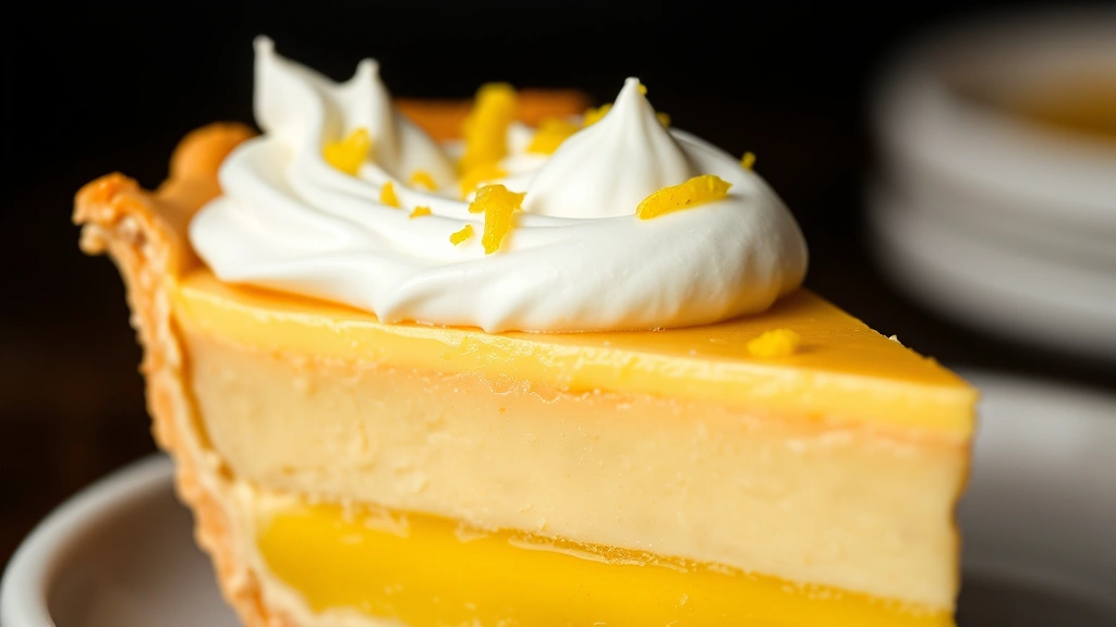 detail: close-up of perfect pie slice with layers visible, golden crust, glossy creamy filling, whipped cream dollop with lemon zest, macro photography, appetizing presentation
