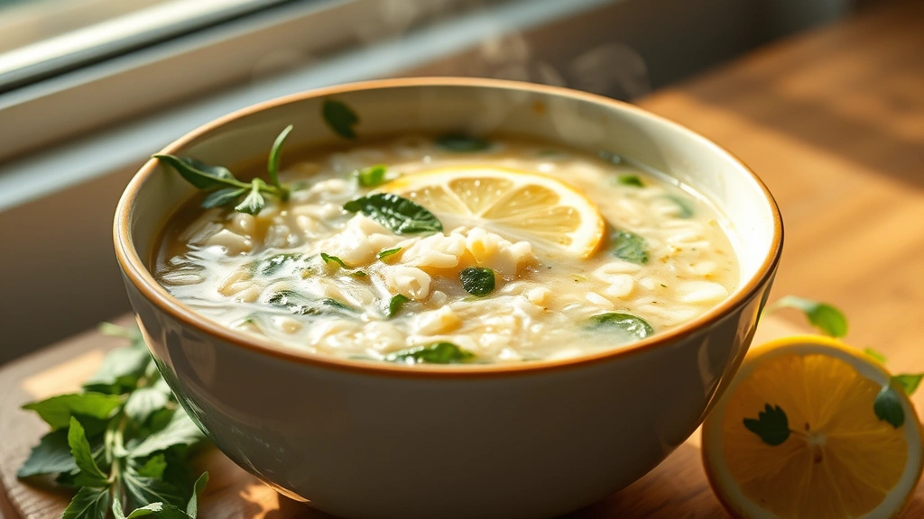 hero: steaming bowl of lemon rice soup with fresh herbs and lemon wedge, photorealistic, natural window light, creamy broth with visible rice and spinach, no text