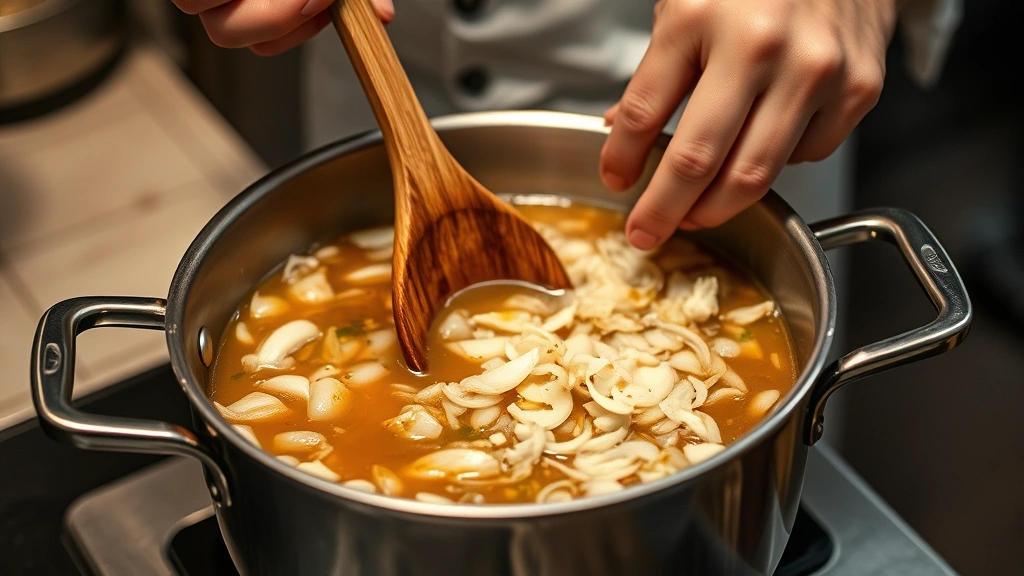 process: chef's hands stirring onions and garlic in pot with broth, photorealistic, warm kitchen lighting, wooden spoon, no text