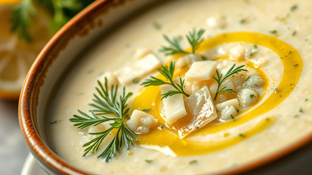detail: close-up of lemon rice soup garnished with fresh dill, mint, parmesan cheese and olive oil drizzle, photorealistic, bright natural light, shallow depth of field, no text