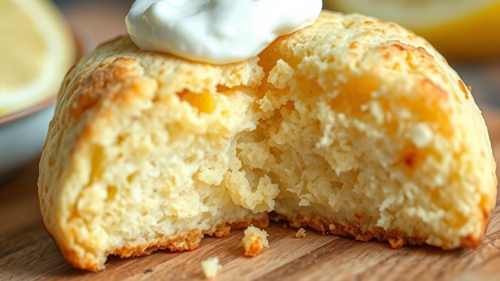 detail: close-up cross-section of split lemon scone showing flaky layers and tender crumb interior, topped with dollop of clotted cream, photorealistic, macro photography, soft natural light, no text