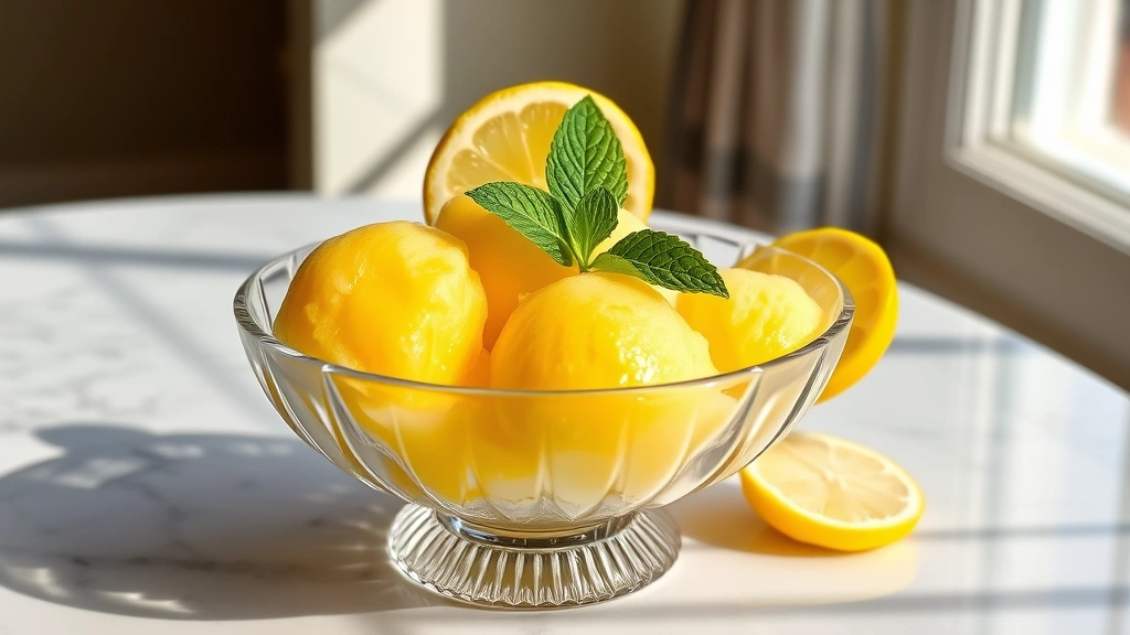 hero: elegant scoops of vibrant yellow lemon sorbet in a crystal bowl, garnished with a fresh lemon slice and mint leaf, sitting on a white marble surface with natural window light creating soft shadows, photorealistic, no text