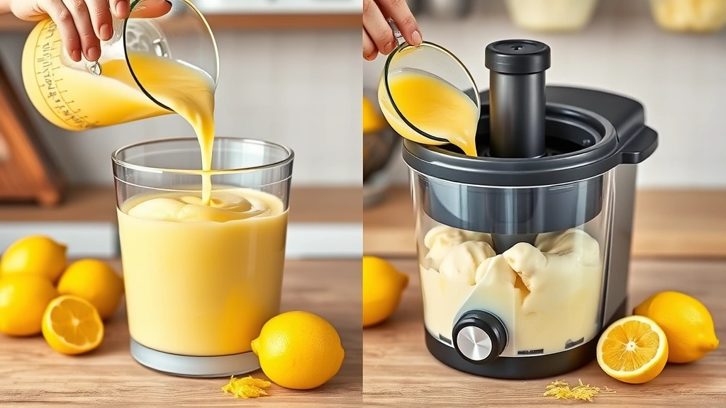 process: pouring bright yellow lemon sorbet mixture into an ice cream maker, showing the machine in action with fresh lemons and lemon zest nearby, photorealistic, natural kitchen lighting, no text