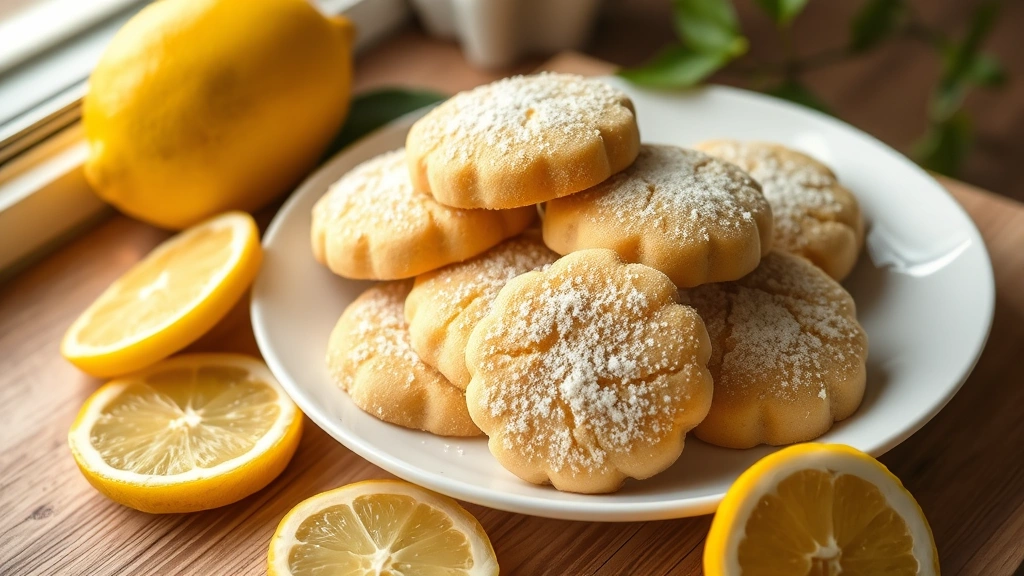 hero: golden lemon sugar cookies with sparkling sugar coating on white plate with fresh lemons and lemon slices, photorealistic, natural window light, no text