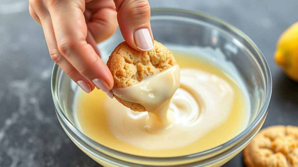 process: hands dipping warm cookie into lemon sugar coating mixture in shallow bowl, photorealistic, natural light, no text