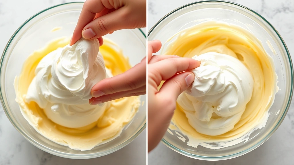 process: Hands gently folding whipped cream into lemon mascarpone mixture in glass bowl, creamy texture visible, natural kitchen light, close angle showing folding technique