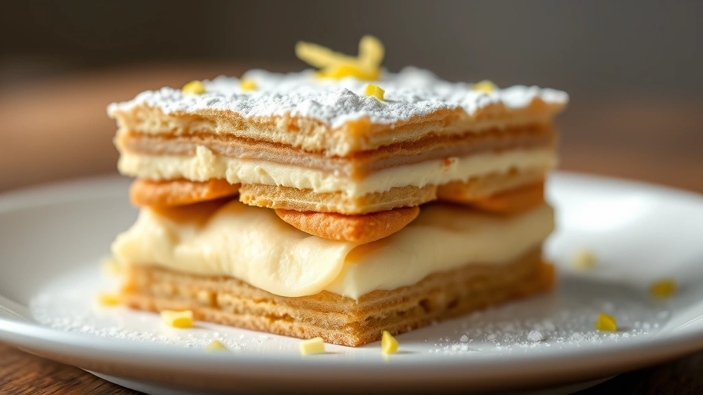 detail: Close-up cross-section of tiramisu showing distinct layers of creamy filling and delicate ladyfinger cookies, dusted with powdered sugar and fresh lemon zest, macro photography, natural light, pristine plating on white plate