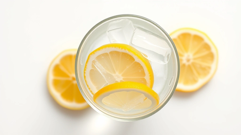 hero: crystal clear glass of lemon water with fresh lemon halves and ice cubes, condensation on glass, natural window light, minimalist white background, overhead and 45-degree angles
