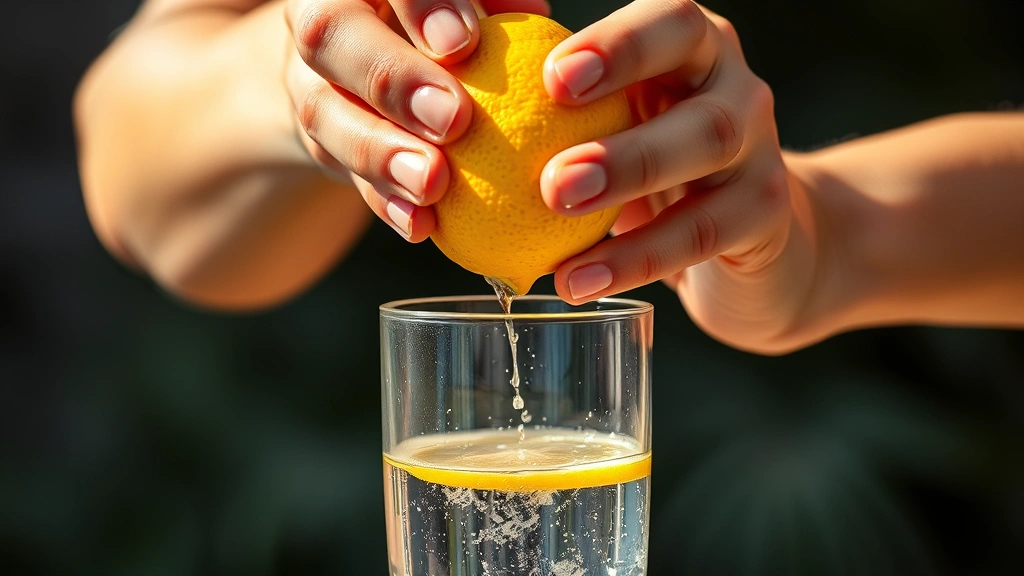 process: hands squeezing fresh lemon over glass of water, close-up action shot, warm natural sunlight, water droplets visible