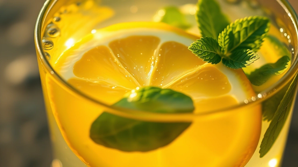 detail: close-up of lemon water with floating lemon slice and fresh mint leaves, shallow depth of field, golden hour lighting, water texture visible