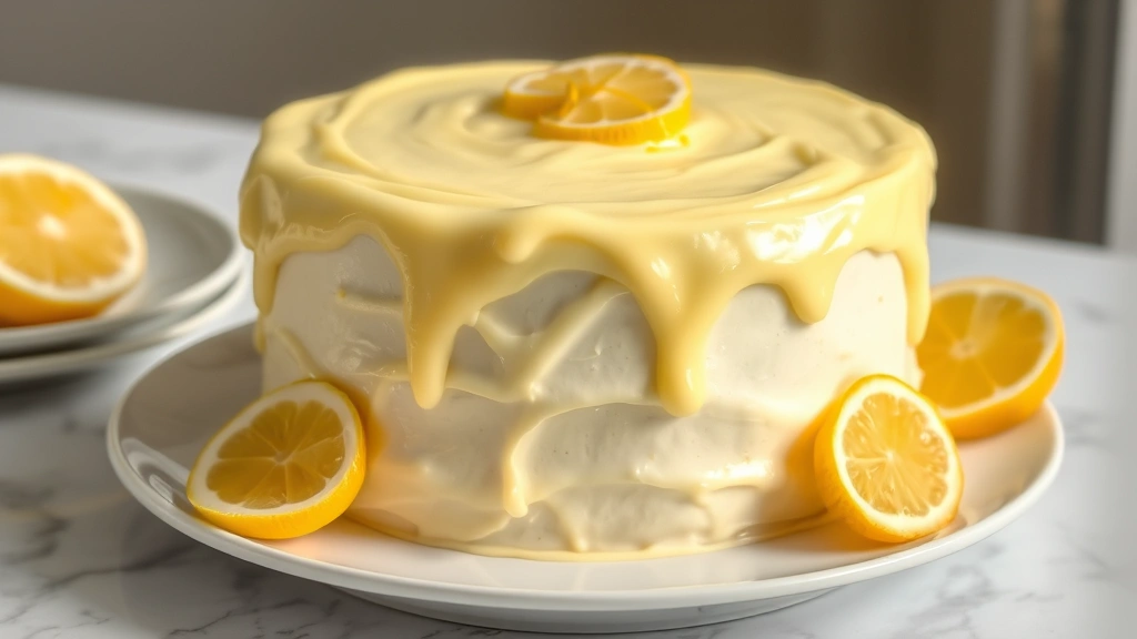 hero: beautiful pale yellow lemonade icing frosted on a white layer cake with fresh lemon slices and zest as garnish, photorealistic, natural daylight, no text, elegant plating
