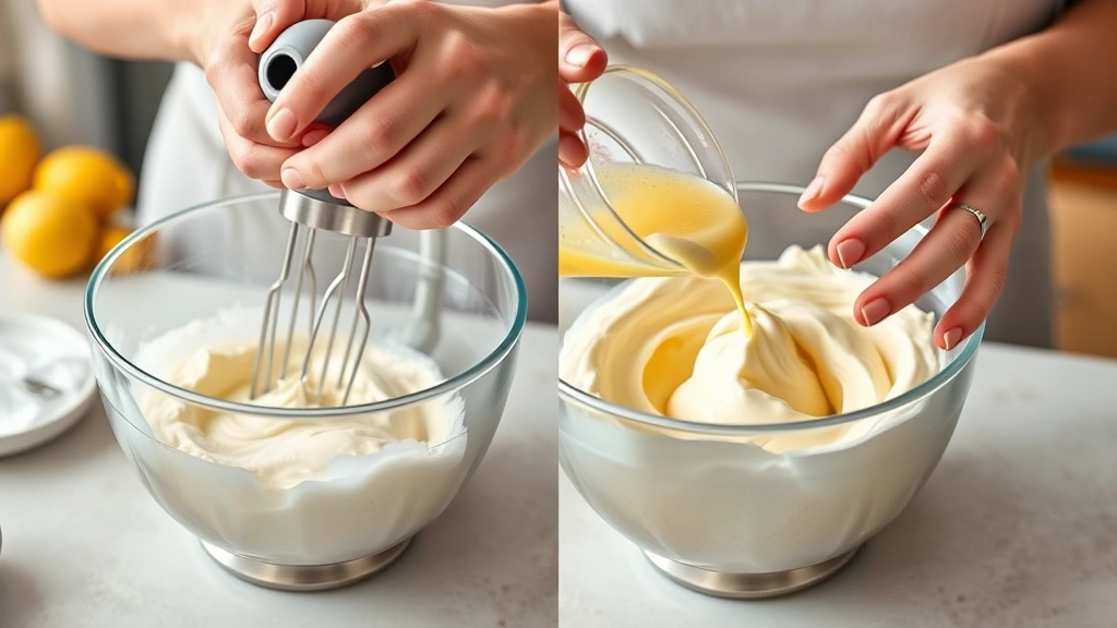 process: hands using an electric mixer to beat creamy butter and frosting together, lemon juice being added, photorealistic, natural kitchen lighting, no text