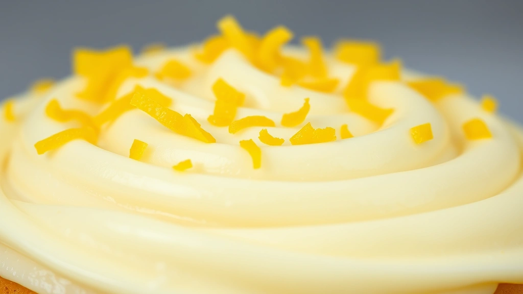 detail: close-up of smooth lemonade icing with fresh lemon zest on top, showing texture and color, photorealistic, natural light, no text, shallow depth of field