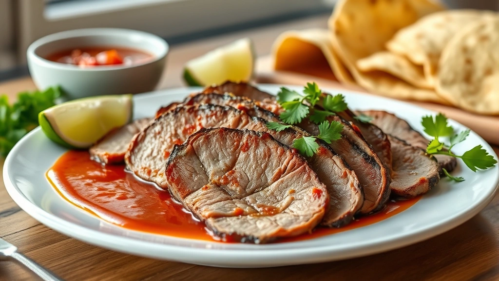 hero: sliced lengua beef tongue on white plate with chile sauce, fresh cilantro garnish, lime wedges, warm tortillas in background, photorealistic, natural window lighting, no text