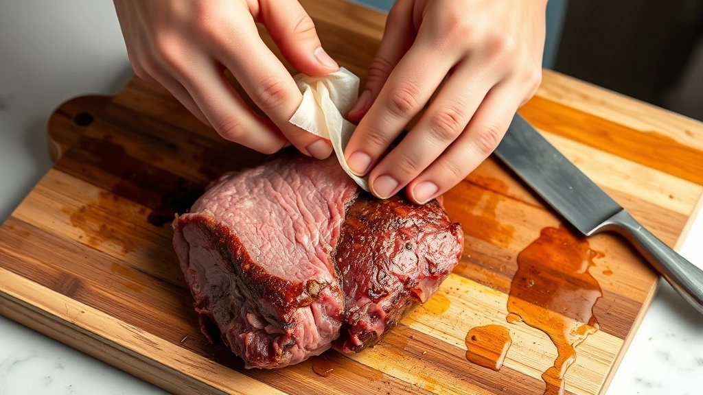 process: hands peeling membrane from cooked beef tongue on wooden cutting board, sharp knife nearby, photorealistic, natural kitchen lighting, no text