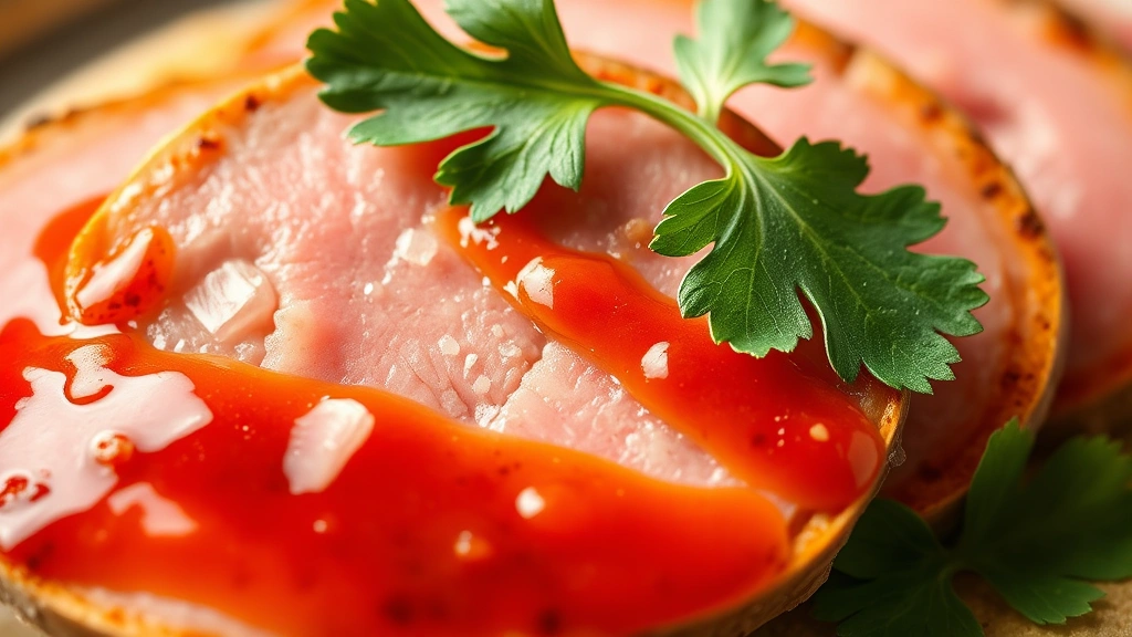 detail: close-up cross-section of sliced lengua showing tender pink interior with dark red chile sauce coating, cilantro leaf on top, photorealistic, studio lighting, no text