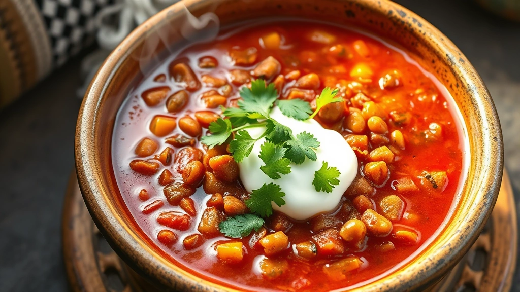 hero: steaming bowl of vibrant red lentil chili with visible lentils and diced vegetables, topped with fresh cilantro and yogurt dollop, photorealistic, warm natural lighting, rustic ceramic bowl, no text