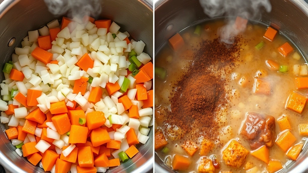 process: sautéing diced onions carrots and celery in large pot with cumin and chili powder spices, aromatic steam rising, photorealistic, natural kitchen lighting, no text
