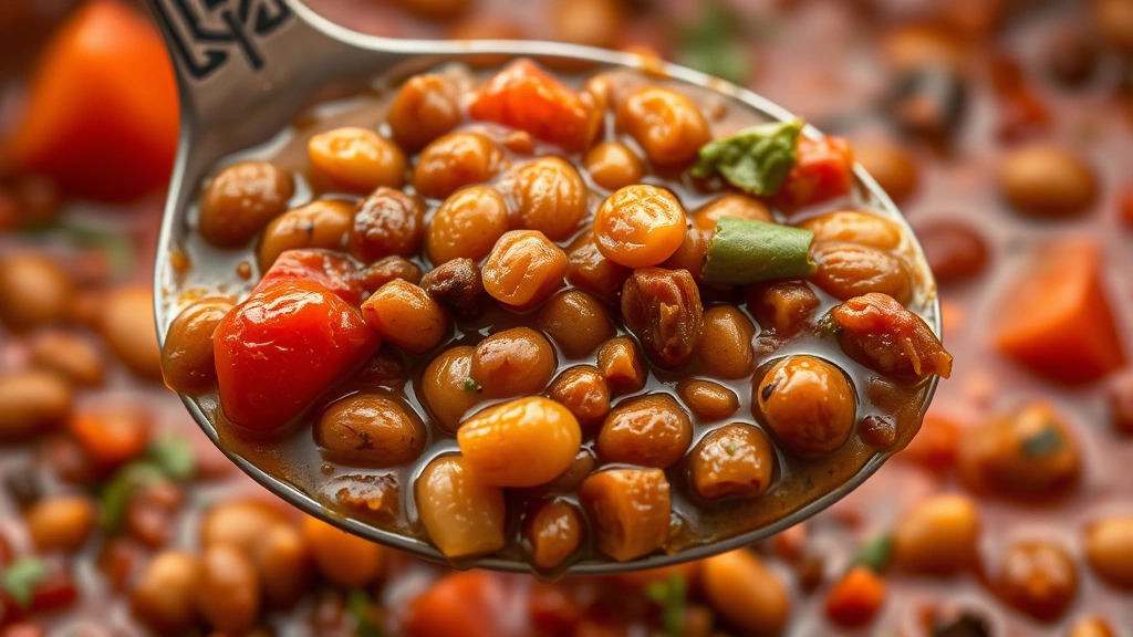 detail: close-up spoonful of lentil chili showing texture of cooked lentils tomatoes and vegetables, steam wisping, photorealistic, warm natural light, no text