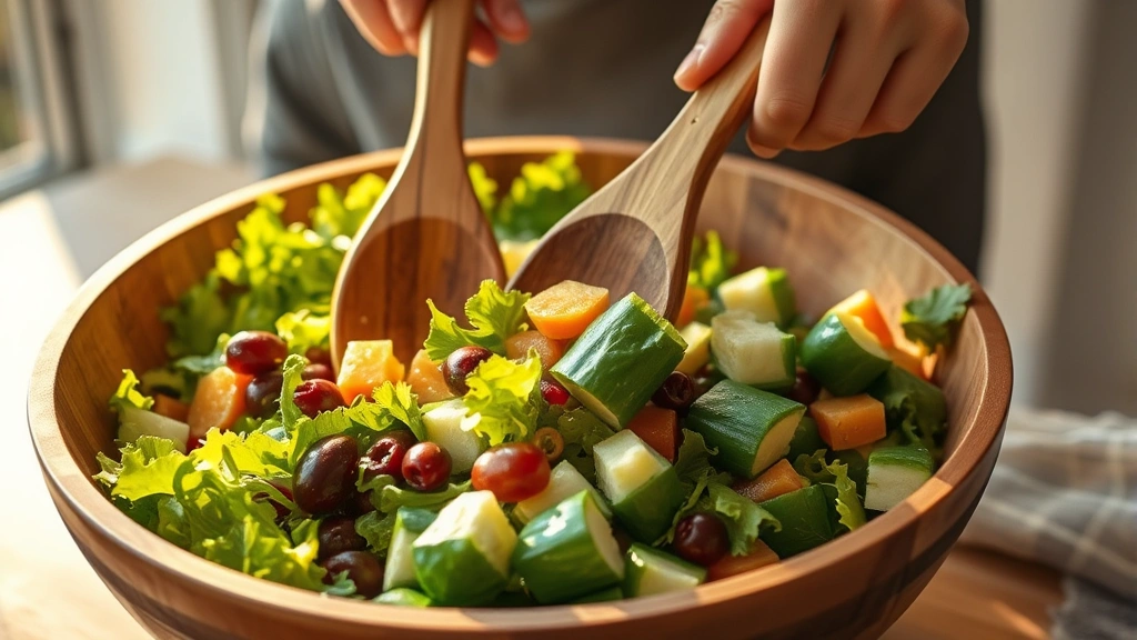 process: hands tossing fresh lettuce and vegetables with wooden salad servers in a large wooden bowl, golden afternoon light streaming in, action shot capturing movement