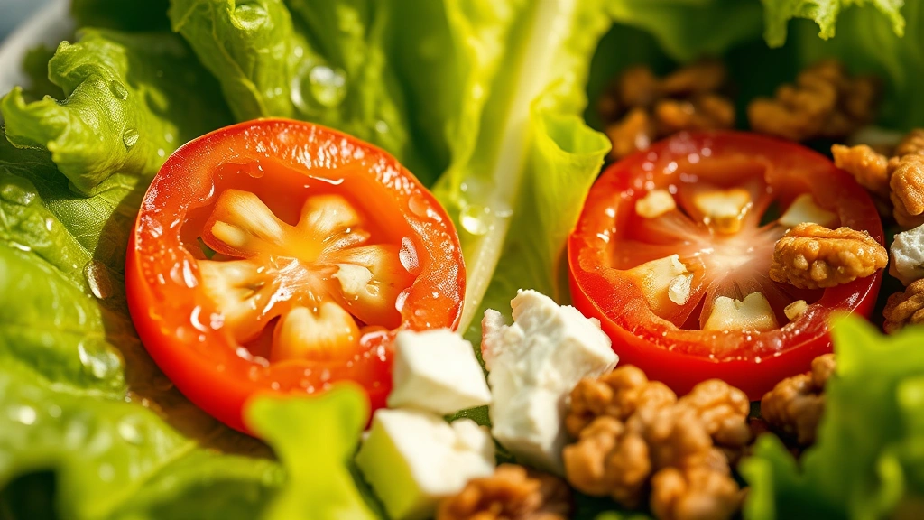 detail: close-up macro shot of crispy lettuce leaf with water droplets, cherry tomato slice, feta cheese crumbles, and toasted walnut pieces, extreme shallow depth of field, golden natural light highlighting textures