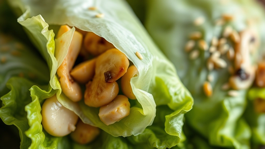 detail: close-up of completed lettuce wrap with visible water chestnuts, mushrooms, and sesame seeds, bite taken out showing filling texture, photorealistic, natural light, no text, macro photography