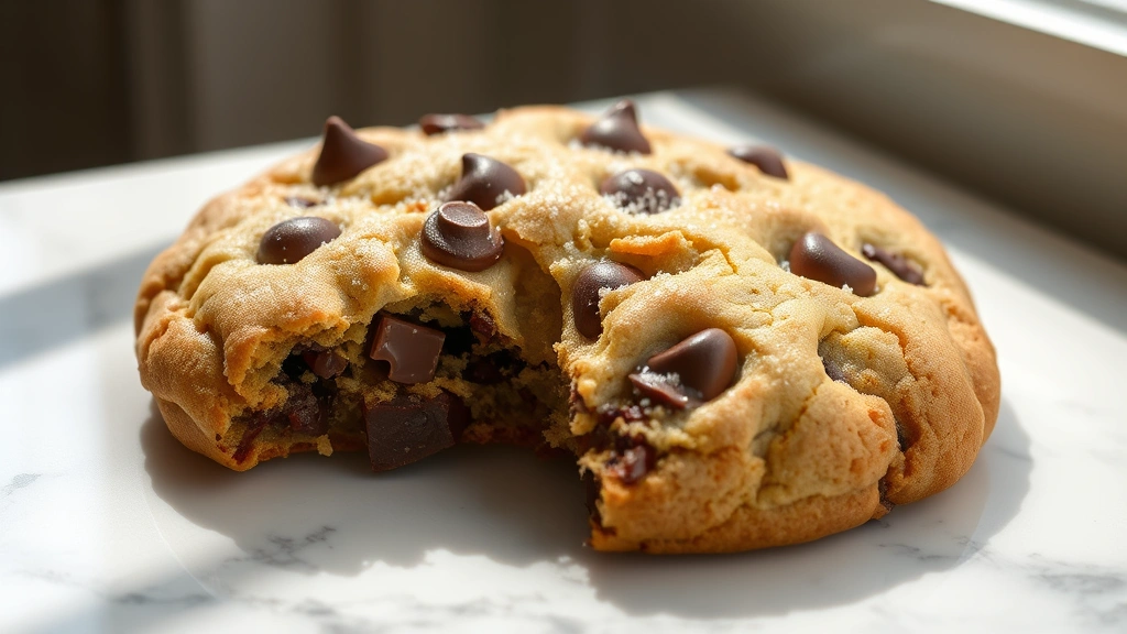 hero: freshly baked Levain chocolate chip cookie with melted chocolate chunks visible, golden-brown crispy edges with soft gooey center, sprinkled with fleur de sel, sitting on white marble surface with natural window light creating shadows, photorealistic, no text