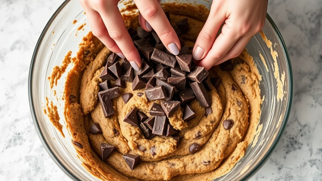 process: hands folding chocolate chunks into cookie dough in a large mixing bowl, showing the rich brown dough texture, chocolate pieces being incorporated, natural kitchen lighting, photorealistic, no text