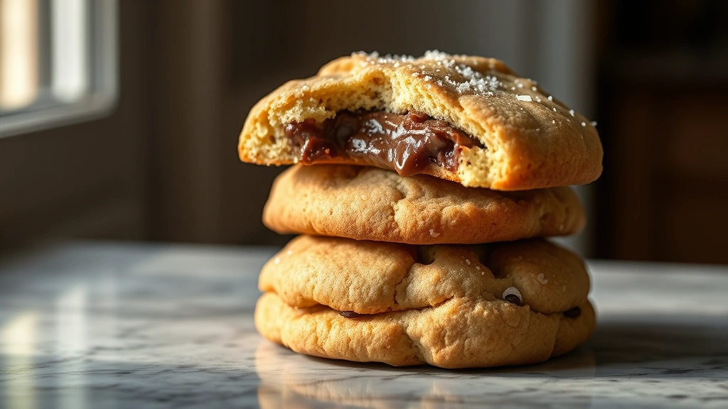 hero: stack of three large Levain-style cookies with melted chocolate and gooey centers, golden-brown edges, sea salt flakes visible, warm natural window light, on marble surface, no text