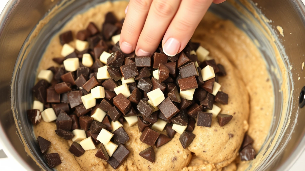 process: hands folding dark and milk chocolate chunks into cookie dough in metal mixing bowl, cream and butter mixture visible, natural kitchen lighting, close-up, no text